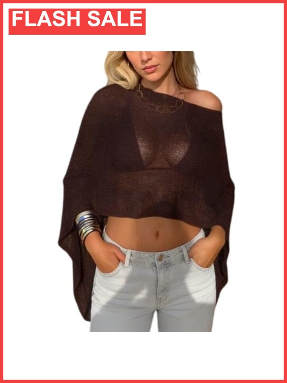 Sheer Knit Crochet Poncho Shrug Bolero Mesh Batwing Sleeve Beach Coverup